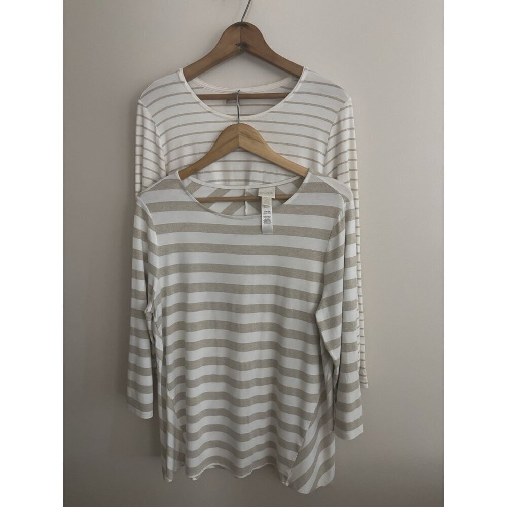 Lot Of 2 Chicos essential layer Tops Long Sleeve Large ivory/gold Shimmer